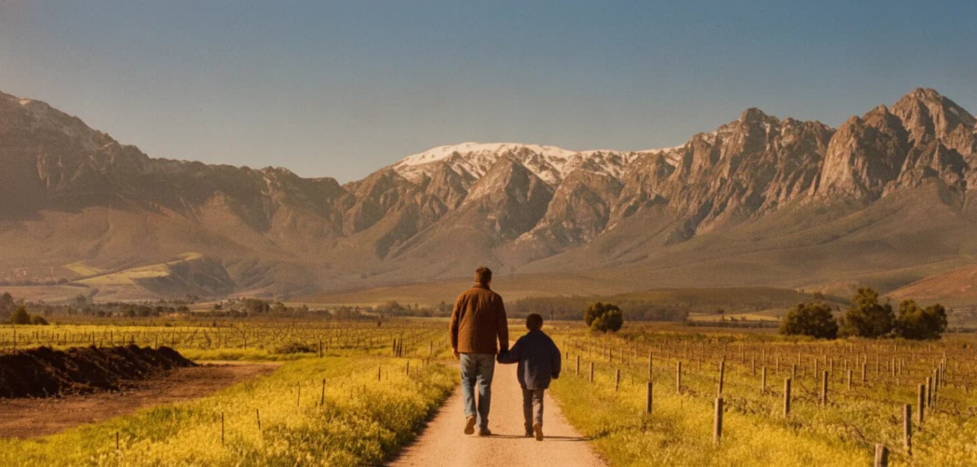 A dirt road running toward the Cape Fold mountains at golden hour, Overberg, Western Cape